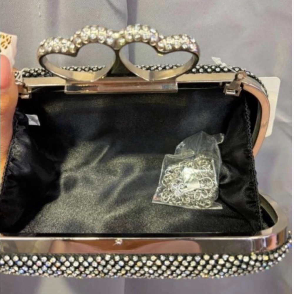 Silver Rhinestone Clutch Heart Clasp Crystal Evening Bag Wedding Prom Formal - Picture 6 of 15